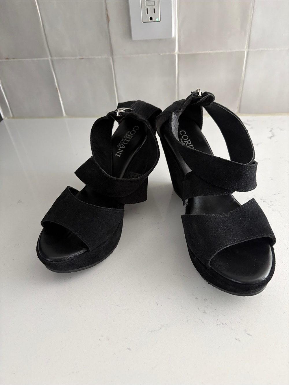 Cordani Black Suede Crossover Strap Platform Sandals